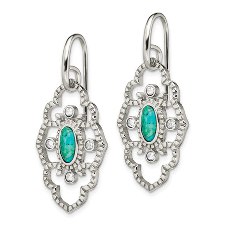 Stainless Steel Dangle Earrings with Turquoise and Cubic Zirconia, Bohemian Filigree Design