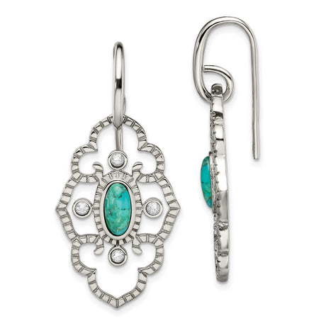 Stainless Steel Dangle Earrings with Turquoise and Cubic Zirconia, Bohemian Filigree Design