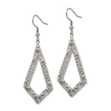 Stainless Steel Dangle Earrings with Open Diamond Filigree and Hammered Scroll Design