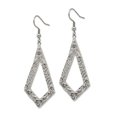 Stainless Steel Dangle Earrings with Open Diamond Filigree and Hammered Scroll Design