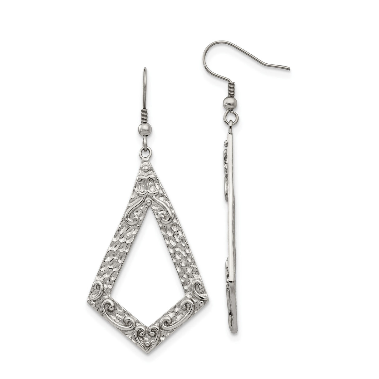 Stainless Steel Dangle Earrings with Open Diamond Filigree and Hammered Scroll Design