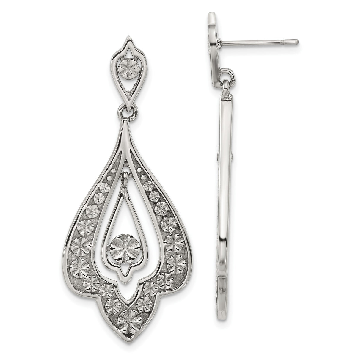Stainless Steel Dangle Earrings with Teardrop Floral Design and Embossed Starburst Pattern