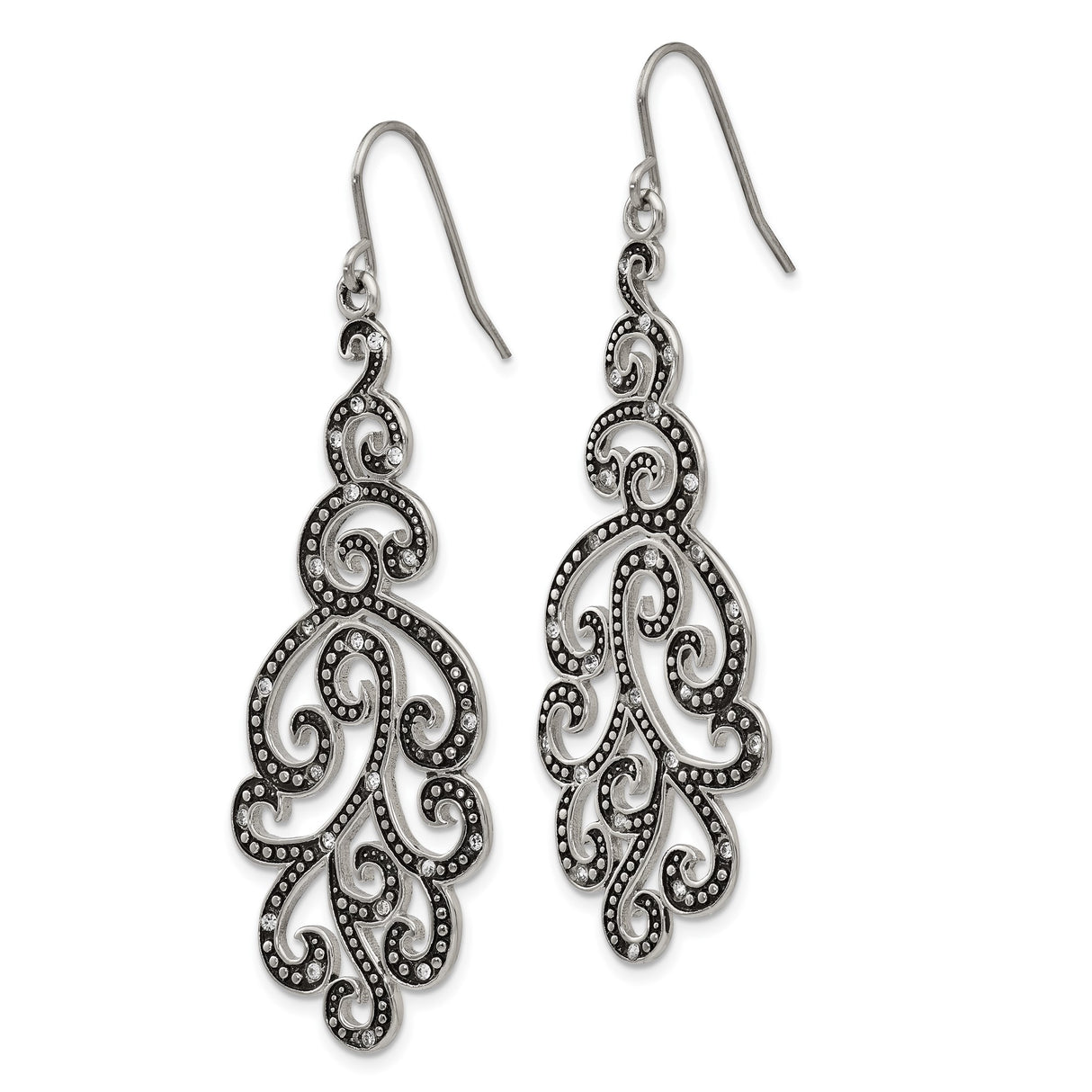 Stainless Steel Drop Earrings with Crystal, Filigree Swirl Design, Boho Vintage Style