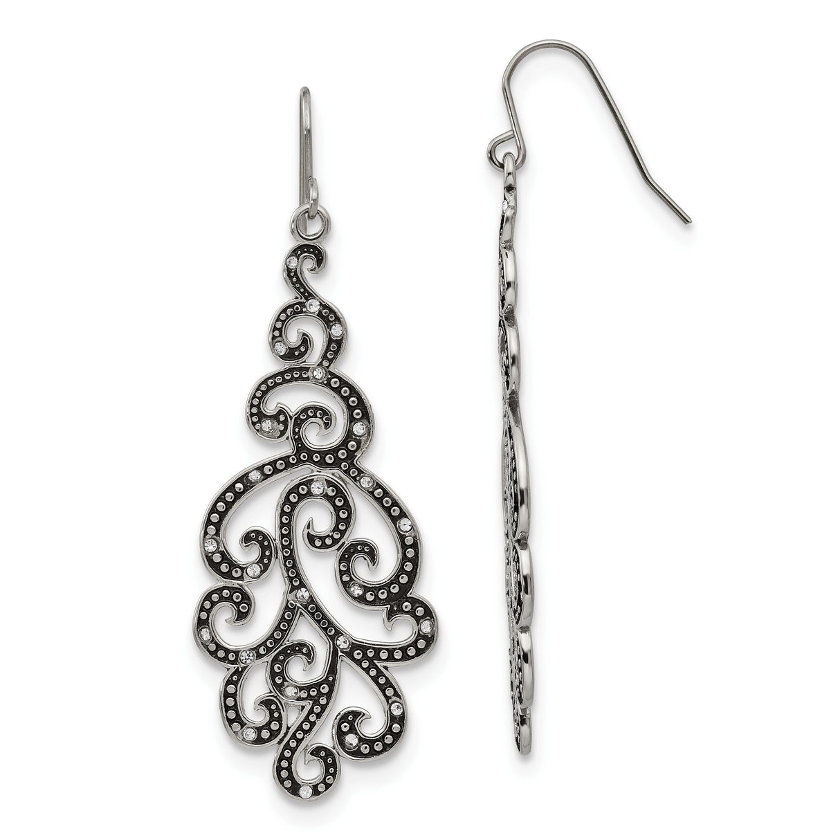 Stainless Steel Drop Earrings with Crystal, Filigree Swirl Design, Boho Vintage Style