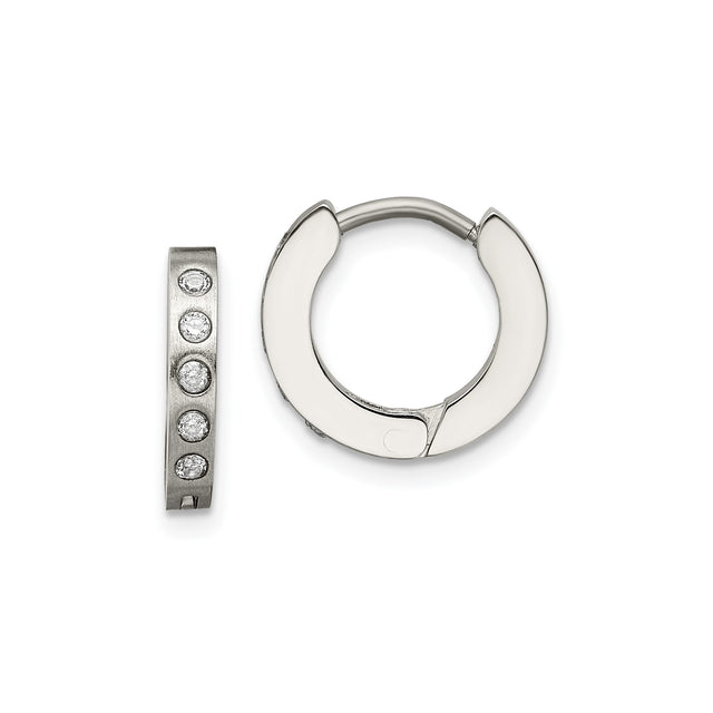Stainless Steel Hoop Earrings with Cubic Zirconia, Polished Modern Huggie Style