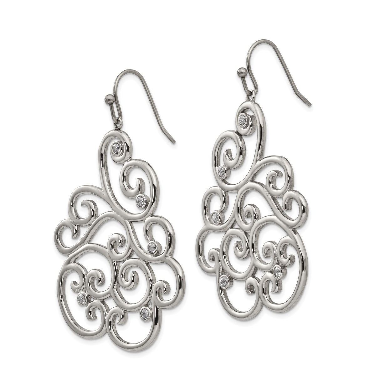 Stainless Steel Dangle Earrings with Cubic Zirconia, Filigree Swirl Design, Vintage Scroll Motif