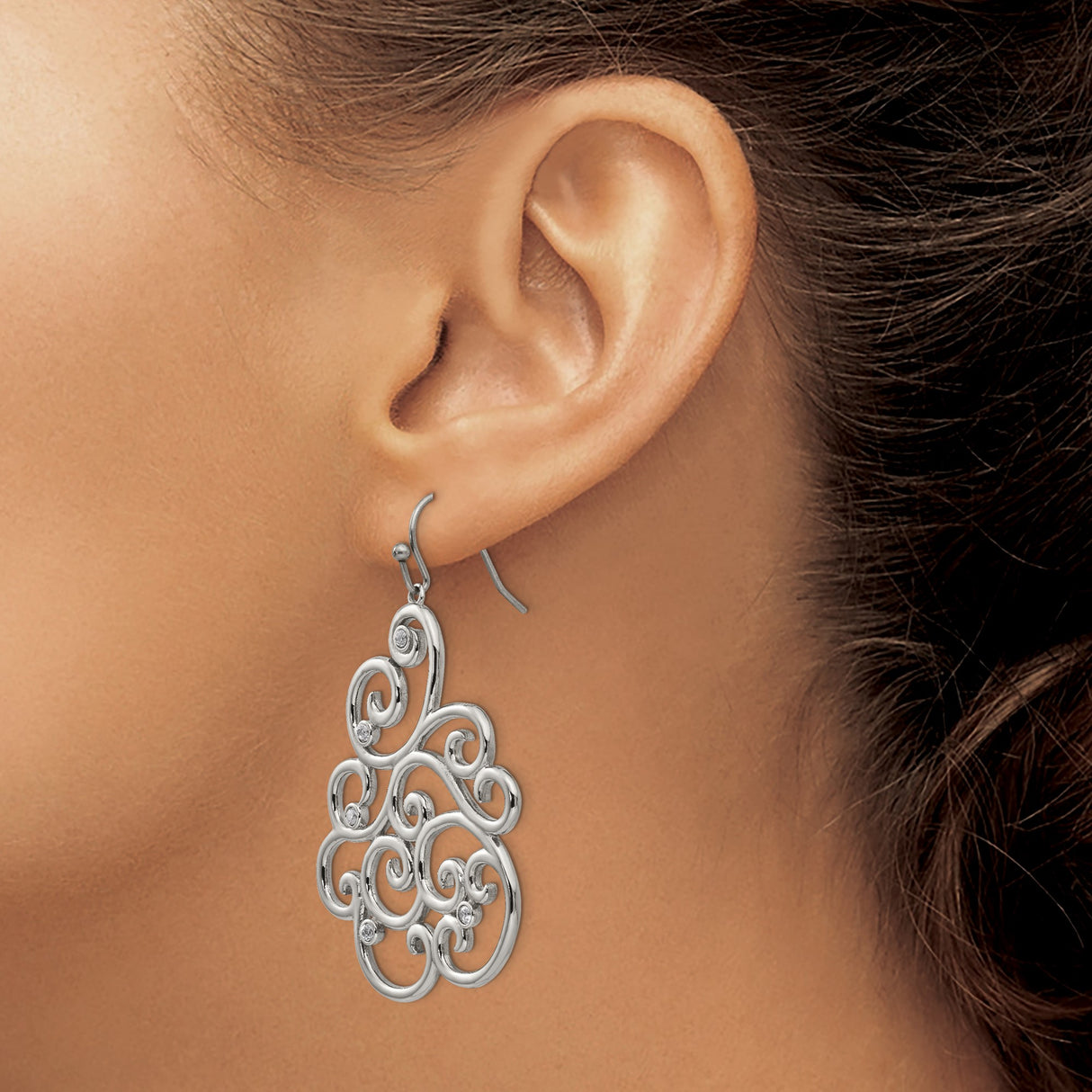 Stainless Steel Dangle Earrings with Cubic Zirconia, Filigree Swirl Design, Vintage Scroll Motif