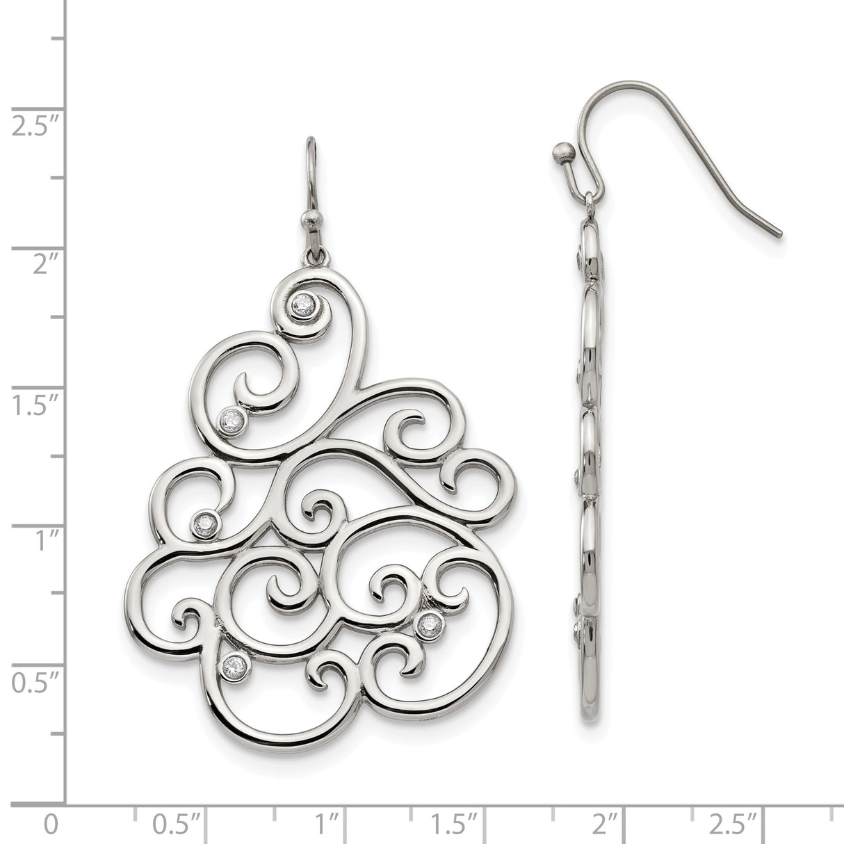 Stainless Steel Dangle Earrings with Cubic Zirconia, Filigree Swirl Design, Vintage Scroll Motif