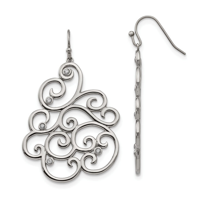 Stainless Steel Dangle Earrings with Cubic Zirconia, Filigree Swirl Design, Vintage Scroll Motif