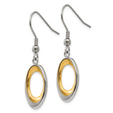 Stainless Steel Drop Earrings, Two-Tone Open Oval Design, Polished Modern Minimalist Style