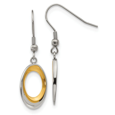 Stainless Steel Drop Earrings, Two-Tone Open Oval Design, Polished Modern Minimalist Style