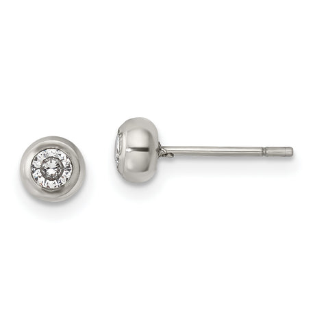 Womens Stainless Steel Stud Earrings with Bezel Set Clear Crystal, Polished Finish, Hypoallergenic Non-Tarnish Lightweight Design, Minimalist Everyday Jewelry, Small Modern Elegant Style