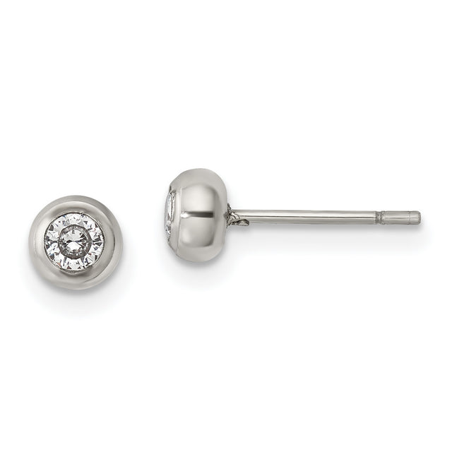 Womens Stainless Steel Stud Earrings with Bezel Set Clear Crystal, Polished Finish, Hypoallergenic Non-Tarnish Lightweight Design, Minimalist Everyday Jewelry, Small Modern Elegant Style