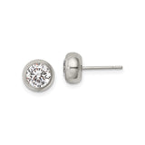 Womens Stainless Steel Stud Earrings with Round Clear Cubic Zirconia in Bezel Setting, Modern Minimalist Everyday Style, Polished Silver Tone, Lightweight Post Design for Formal or Casual Wear