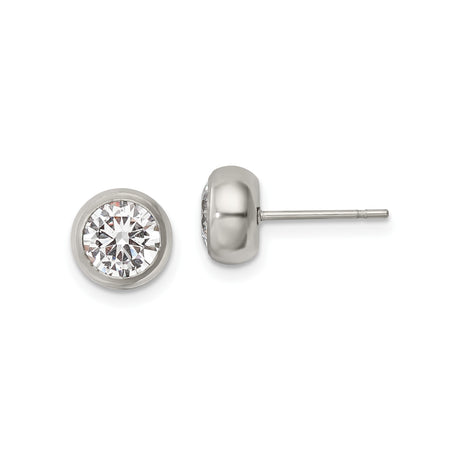 Womens Stainless Steel Stud Earrings with Round Clear Cubic Zirconia in Bezel Setting, Modern Minimalist Everyday Style, Polished Silver Tone, Lightweight Post Design for Formal or Casual Wear