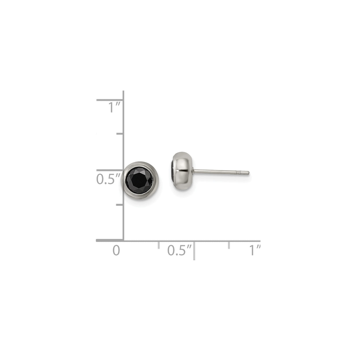 Stainless Steel Stud Earrings with Black Cubic Zirconia, Bezel-Set, Unisex Minimalist Design
