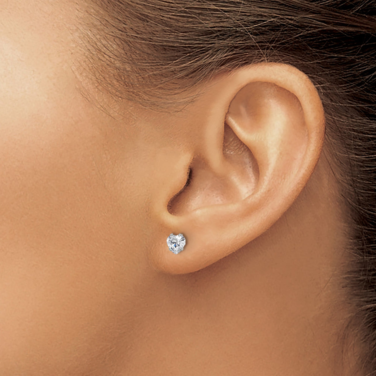 Stainless Steel Heart Shaped Stud Earrings with Clear Cubic Zirconia, Polished Finish