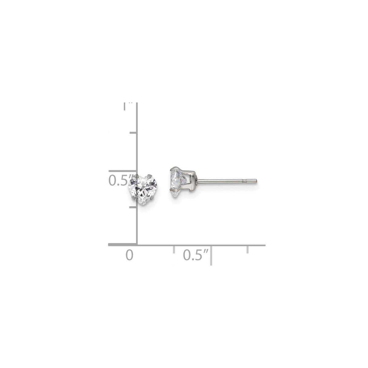 Stainless Steel Heart Shaped Stud Earrings with Clear Cubic Zirconia, Polished Finish