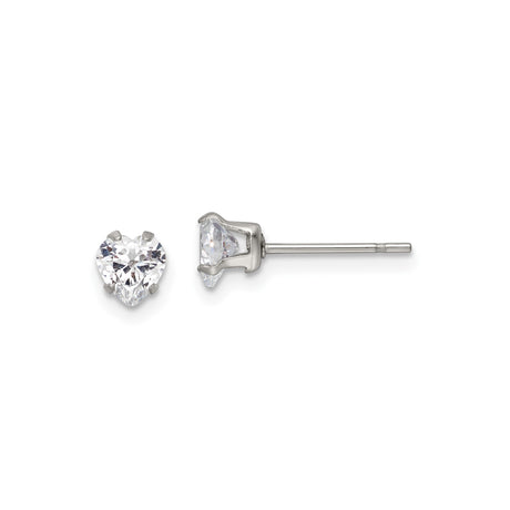 Stainless Steel Heart Shaped Stud Earrings with Clear Cubic Zirconia, Polished Finish