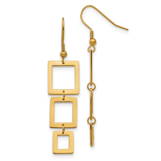 Stainless Steel Dangle Earrings with Linked Open Square Design, Gold Tone Geometric Style