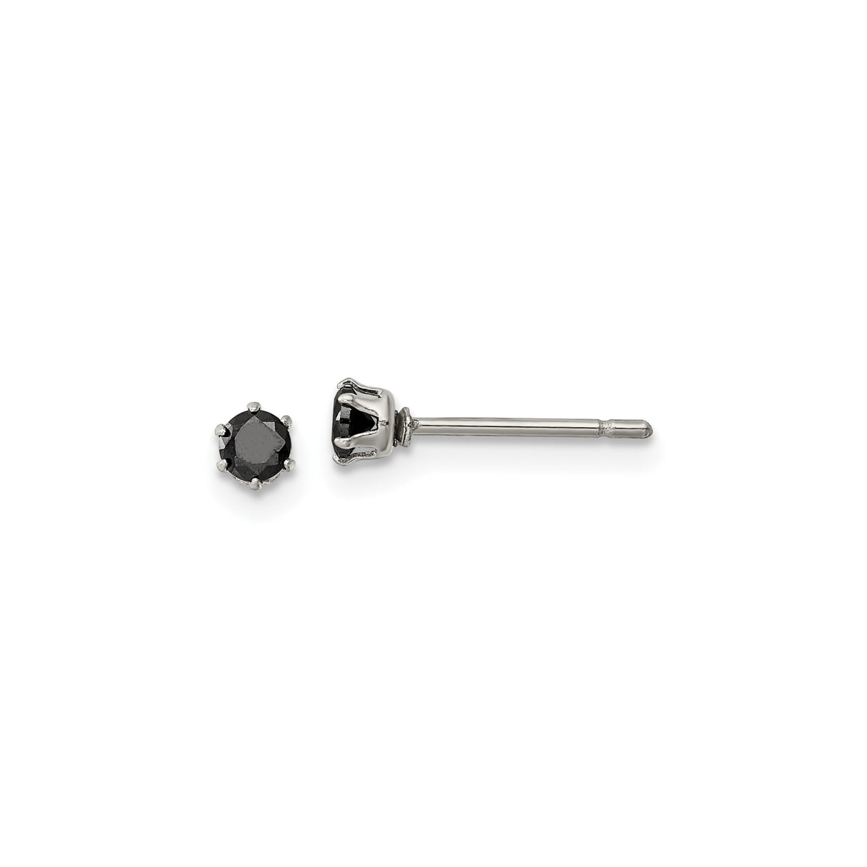 Stainless Steel Stud Earrings with Black Cubic Zirconia, Six-Prong Modern Unisex Design