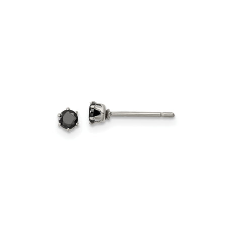 Stainless Steel Stud Earrings with Black Cubic Zirconia, Six-Prong Modern Unisex Design