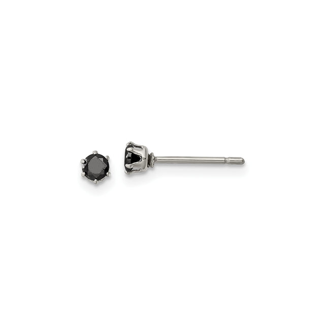 Stainless Steel Stud Earrings with Black Cubic Zirconia, Six-Prong Modern Unisex Design