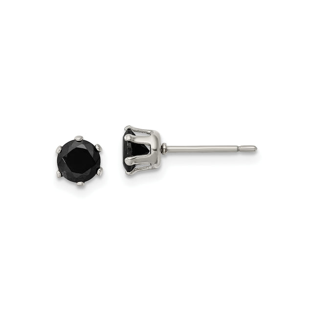 Stainless Steel Stud Earrings with Round Cut Black Cubic Zirconia, Minimalist Unisex Style