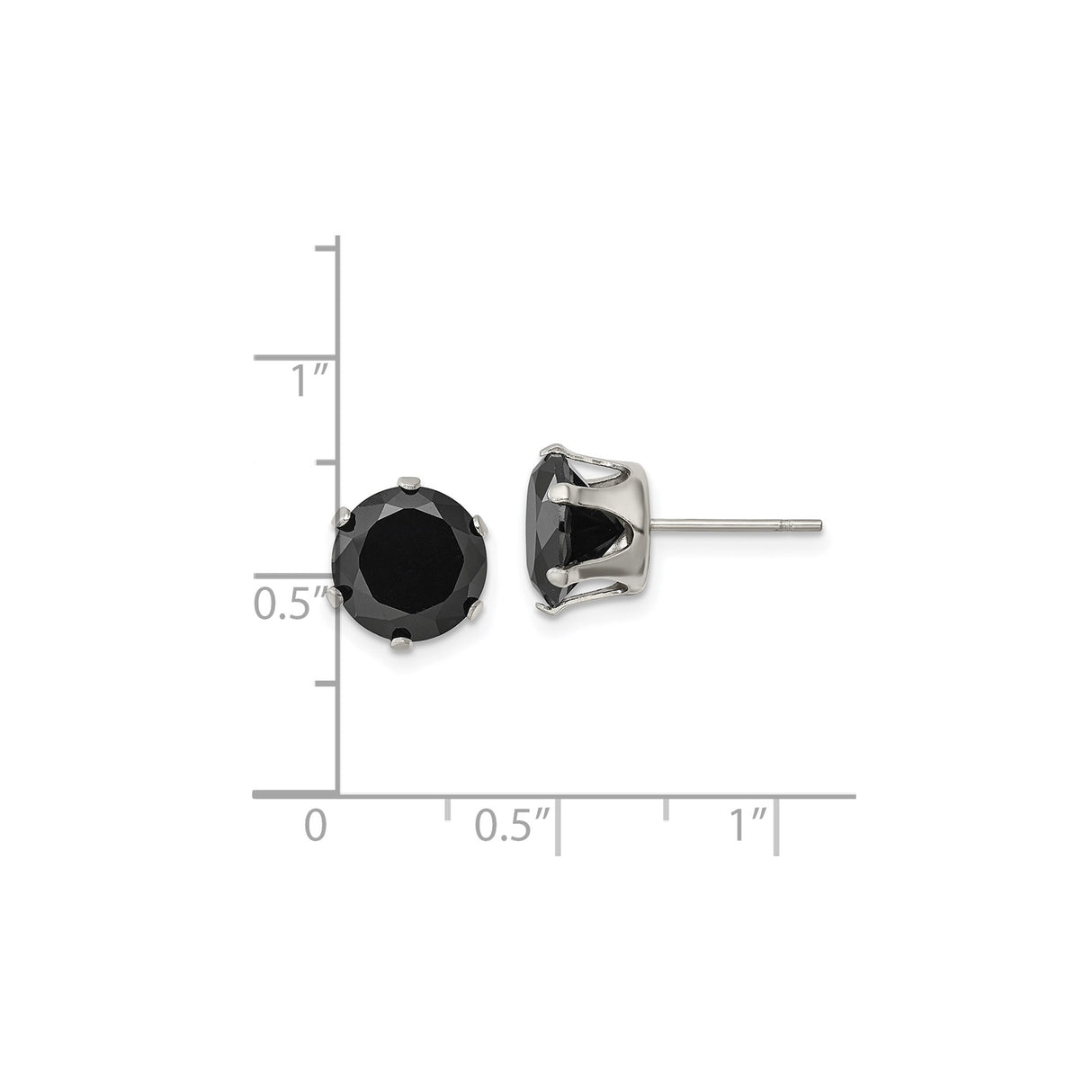 Stainless Steel Stud Earrings with Black Cubic Zirconia, Six Prong Setting, Modern Gothic Style