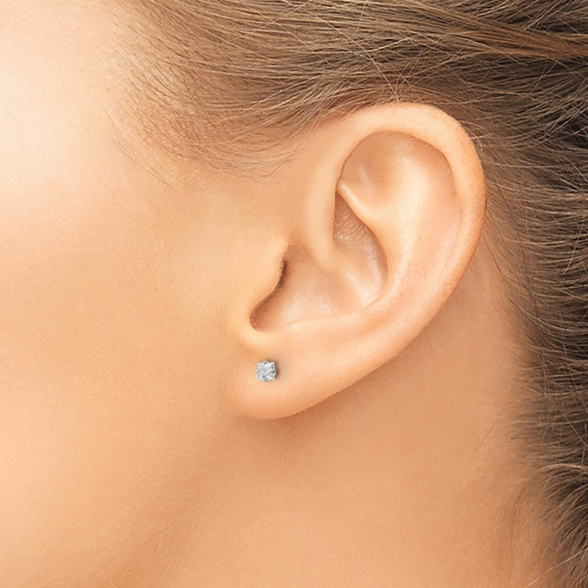 Stainless Steel Stud Earrings with Princess Cut Cubic Zirconia, Modern Minimalist Design