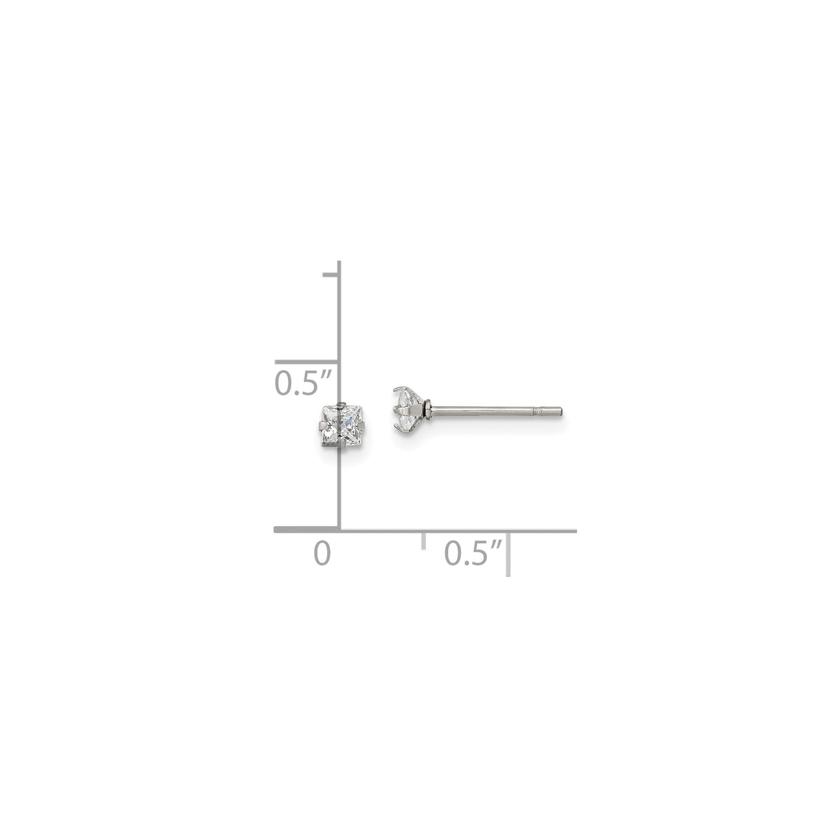 Stainless Steel Stud Earrings with Princess Cut Cubic Zirconia, Modern Minimalist Design