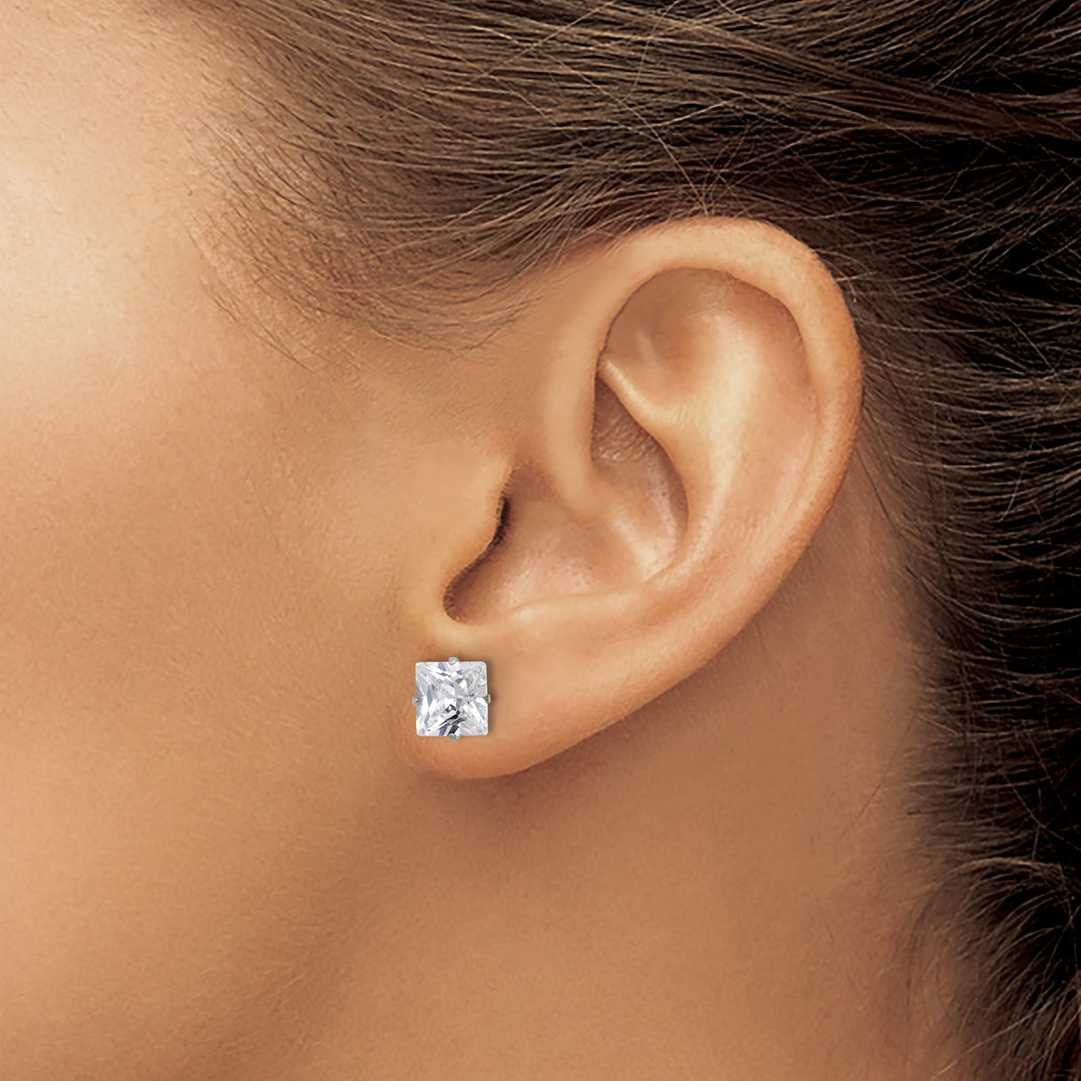 Stainless Steel Stud Earrings with Square Cubic Zirconia, Polished Four-Prong Setting