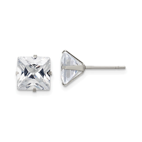 Stainless Steel Stud Earrings with Princess Cut Cubic Zirconia, Modern Prong Mount Design