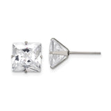 Womens Stainless Steel Square Cubic Zirconia Stud Earrings with Four Prong Setting, High Polish Clear Stones, Lightweight Modern Steel Jewelry for Everyday Wear, Formal Events, or Office Looks