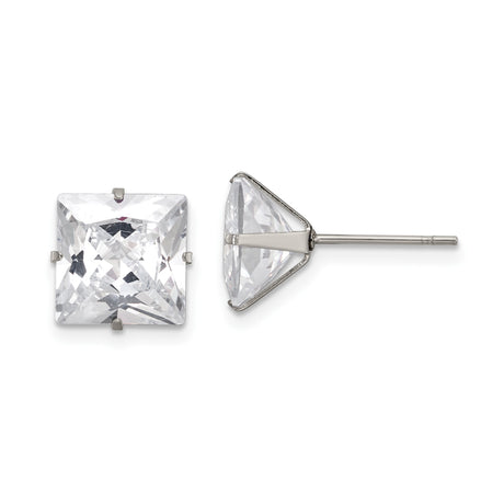 Womens Stainless Steel Square Cubic Zirconia Stud Earrings with Four Prong Setting, High Polish Clear Stones, Lightweight Modern Steel Jewelry for Everyday Wear, Formal Events, or Office Looks