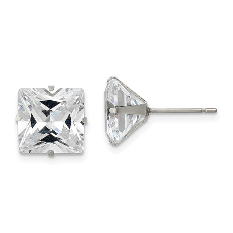 Stainless Steel Stud Earrings with Large Square Cubic Zirconia, Minimalist Modern Design