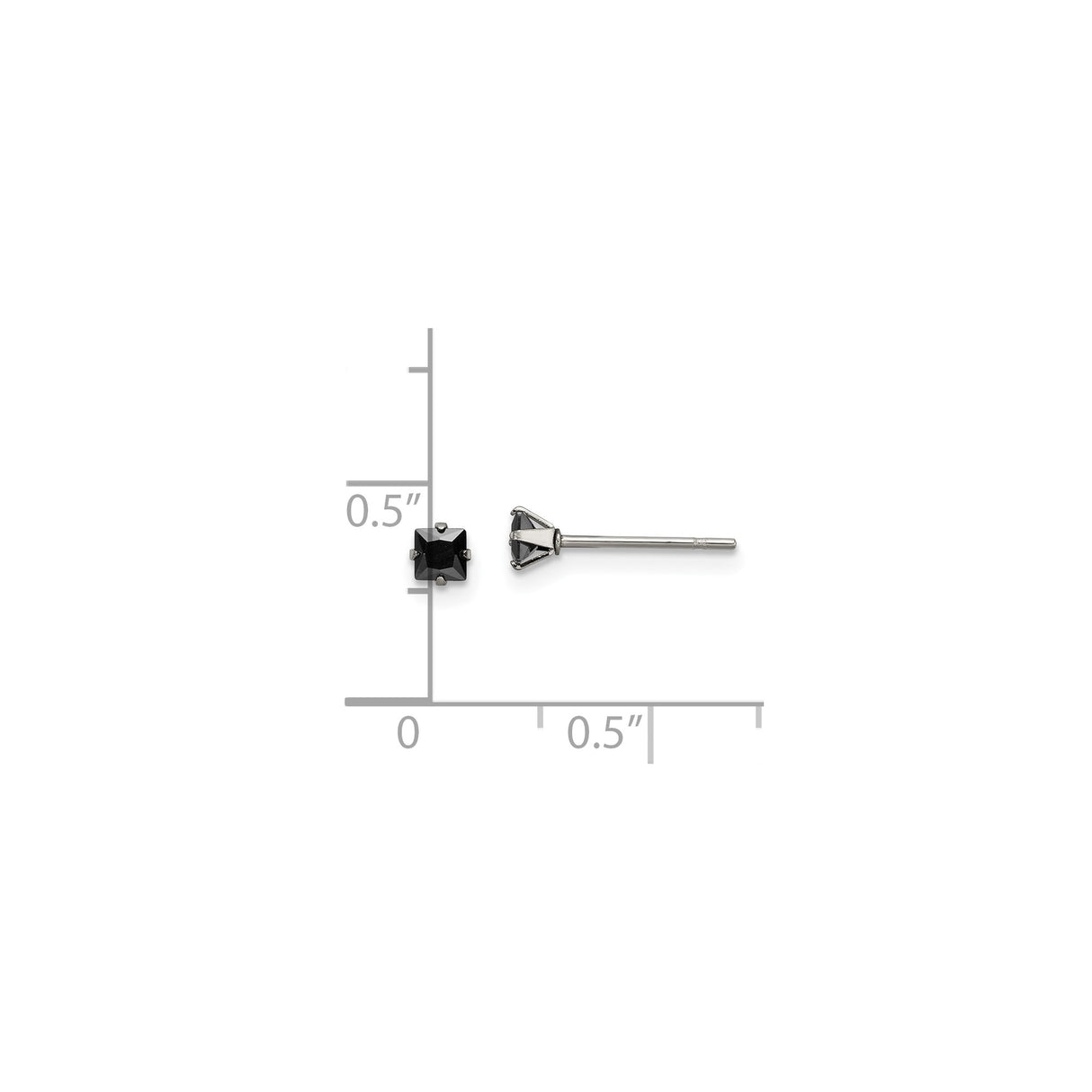 Stainless Steel Stud Earrings with Black Cubic Zirconia, Square Cut, Gothic Punk Style