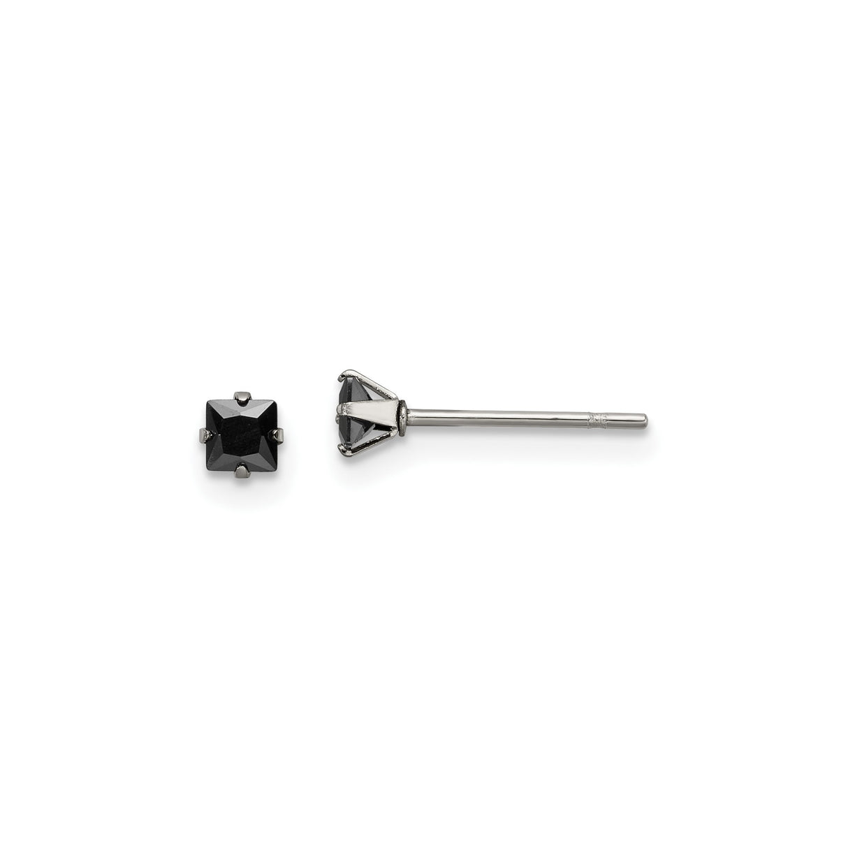 Stainless Steel Stud Earrings with Black Cubic Zirconia, Square Cut, Gothic Punk Style