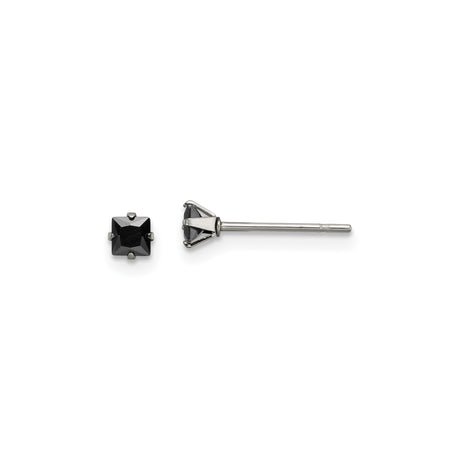 Stainless Steel Stud Earrings with Black Cubic Zirconia, Square Cut, Gothic Punk Style
