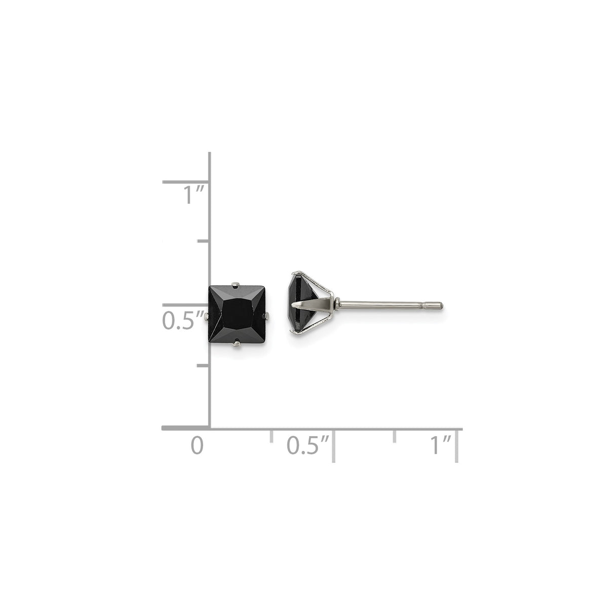 Stainless Steel Stud Earrings with Black Cubic Zirconia, Square Cut, Modern Unisex Design