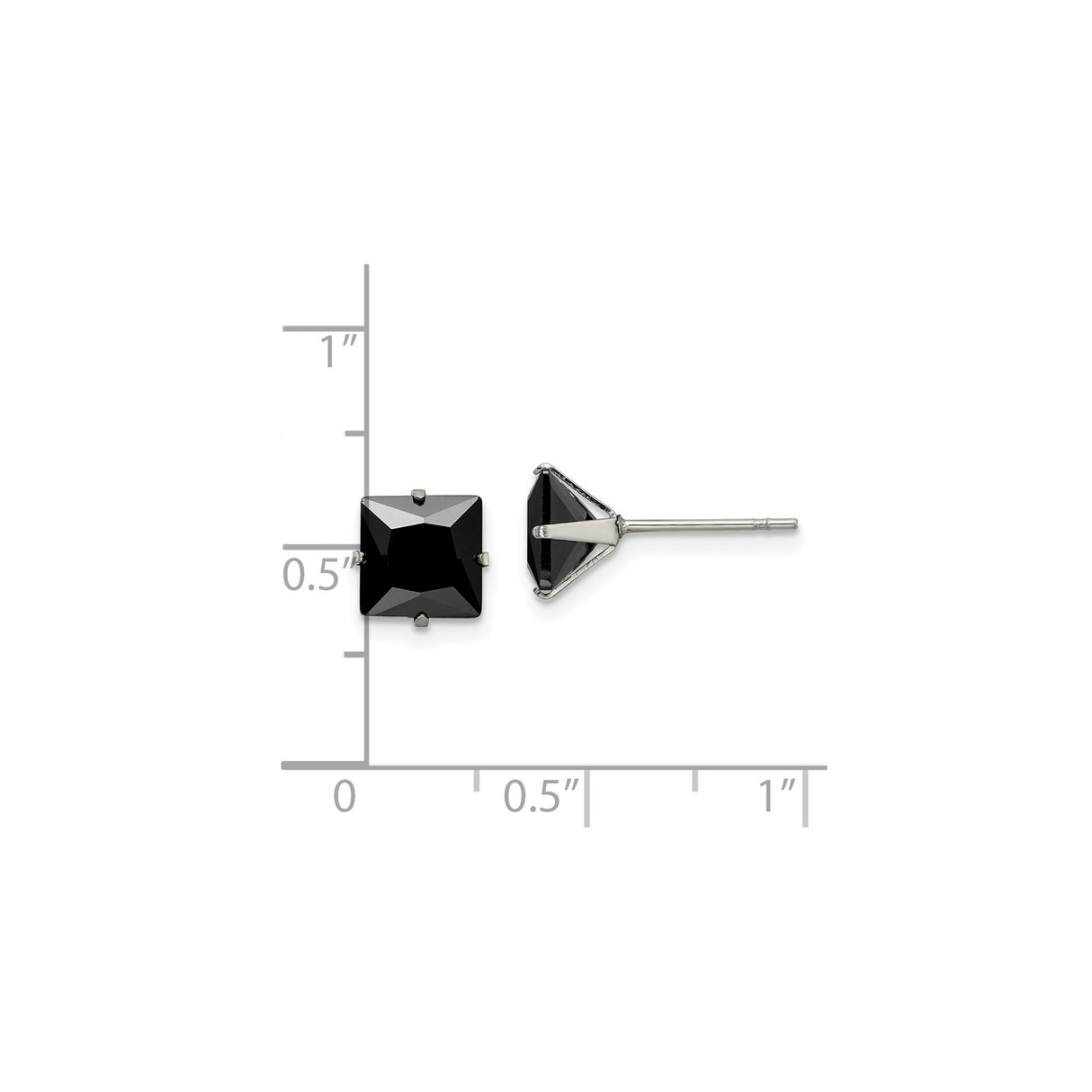 Stainless Steel Stud Earrings with 7mm Black Cubic Zirconia, Classic Four Prong Setting, Unisex Design