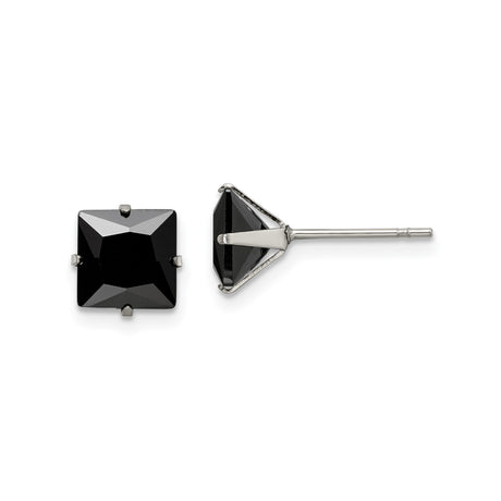 Stainless Steel Stud Earrings with 7mm Black Cubic Zirconia, Classic Four Prong Setting, Unisex Design