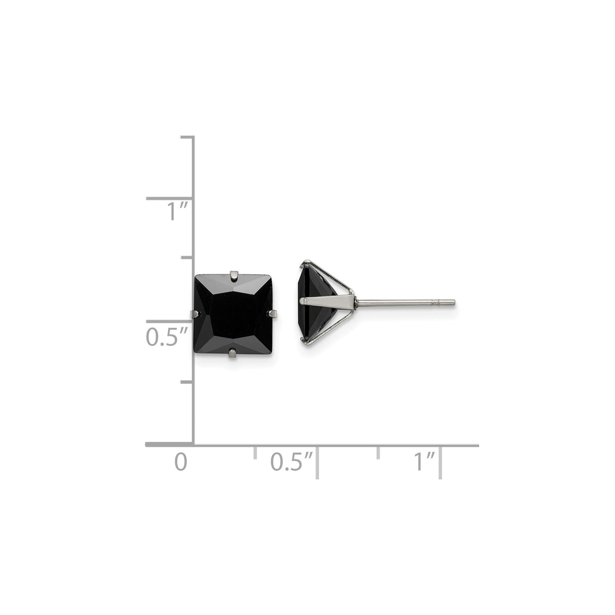 Stainless Steel Square Stud Earrings with Black Cubic Zirconia, Modern Minimalist Design