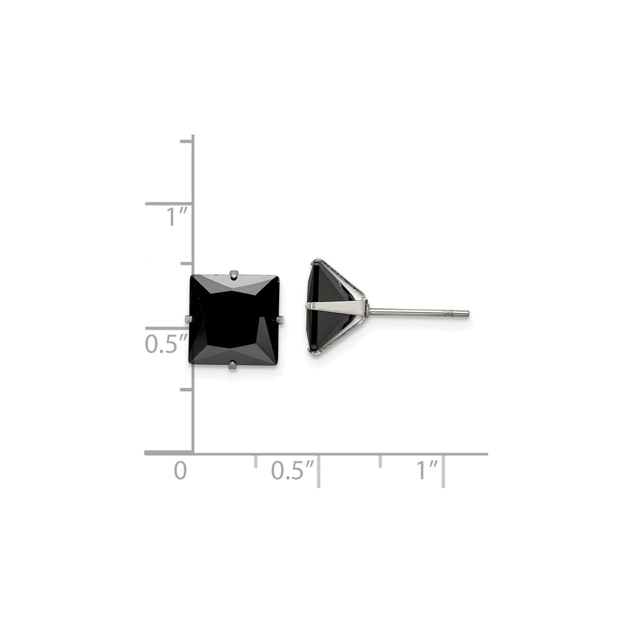 Stainless Steel Stud Earrings with Black Cubic Zirconia, Square Four-Prong Gothic Style