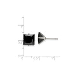 Stainless Steel Stud Earrings with Black Cubic Zirconia, Square Four-Prong Gothic Style