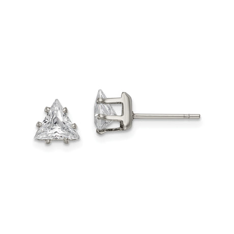 Stainless Steel Stud Earrings with Cubic Zirconia, Triangle Prong Setting, Geometric Style