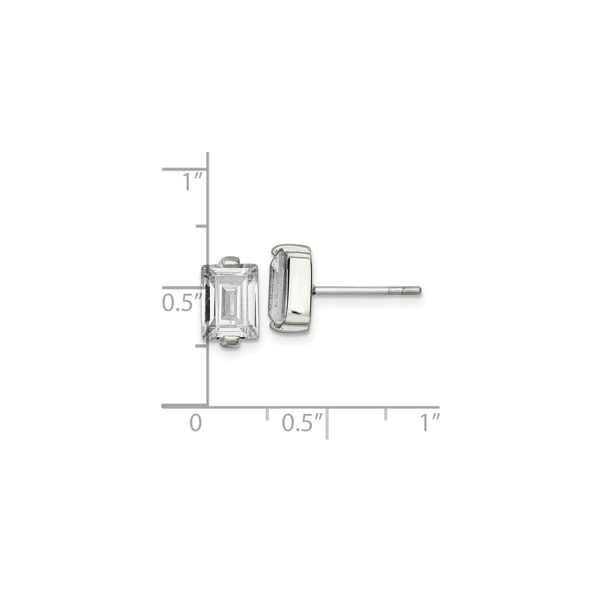 Stainless Steel Stud Earrings with Baguette Cut Cubic Zirconia, Rectangle Minimalist Design, Silver Tone