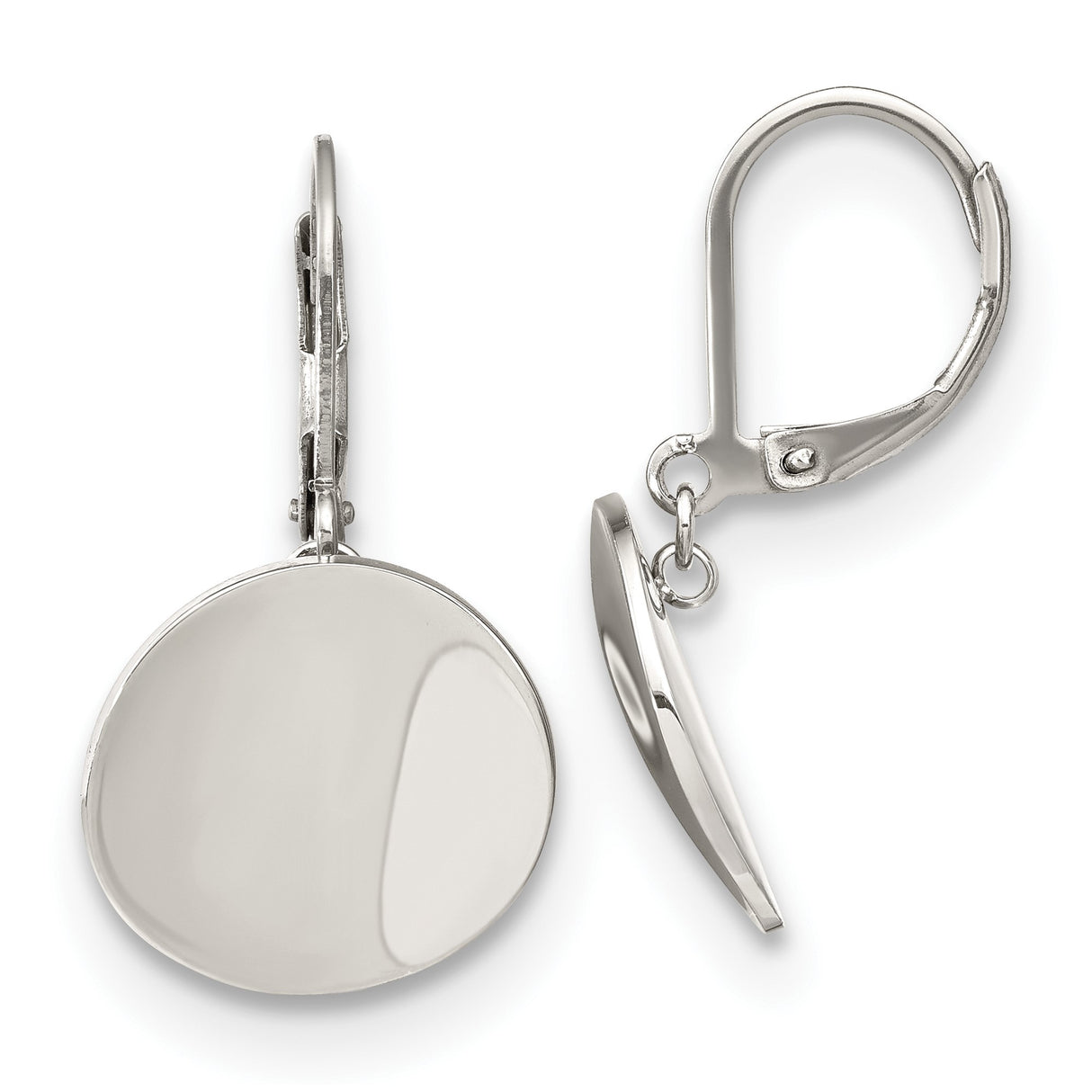 Stainless Steel Drop Earrings with Polished Round Disc Design and Leverback Closures