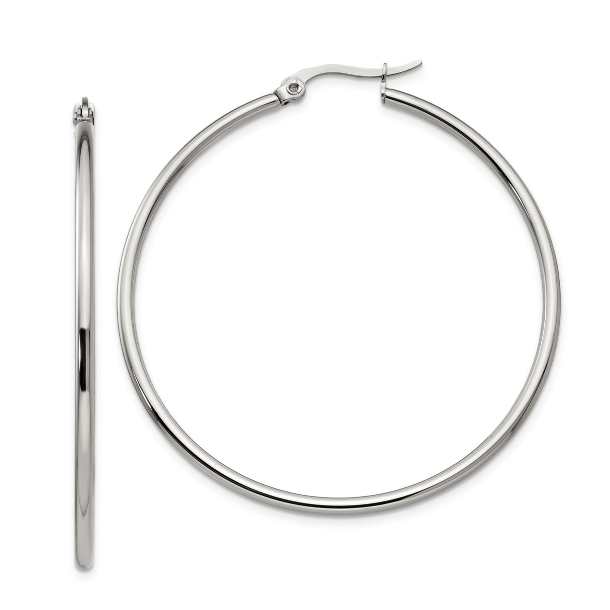 Stainless Steel Hoop Earrings, Large Round Polished Silver Tone Minimalist Style for Women