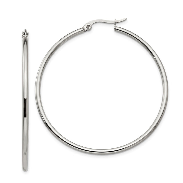 Stainless Steel Hoop Earrings, Large Round Polished Silver Tone Minimalist Style for Women